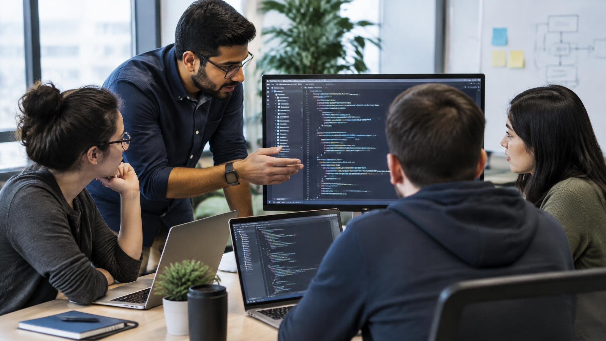 business team discussing code